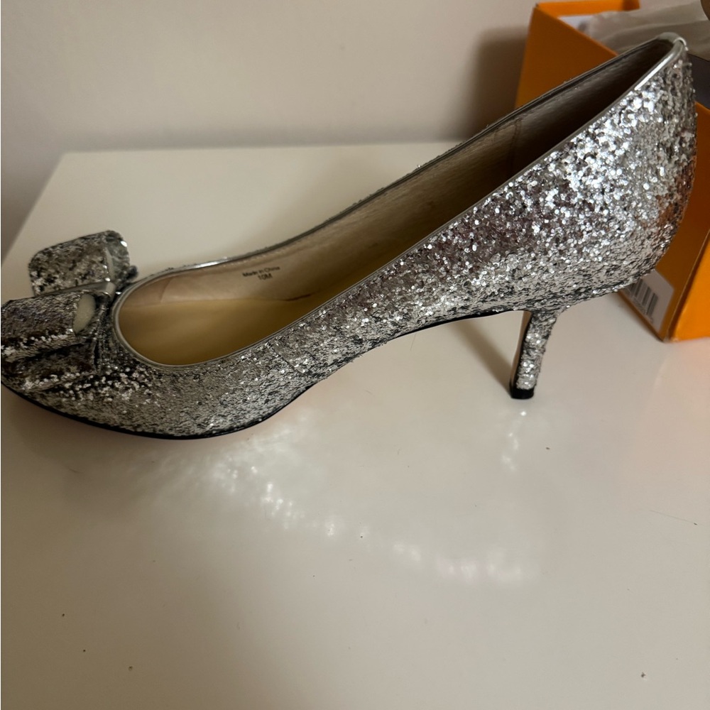 Kate Spade Silver Glitter Heels with Kitten Heel